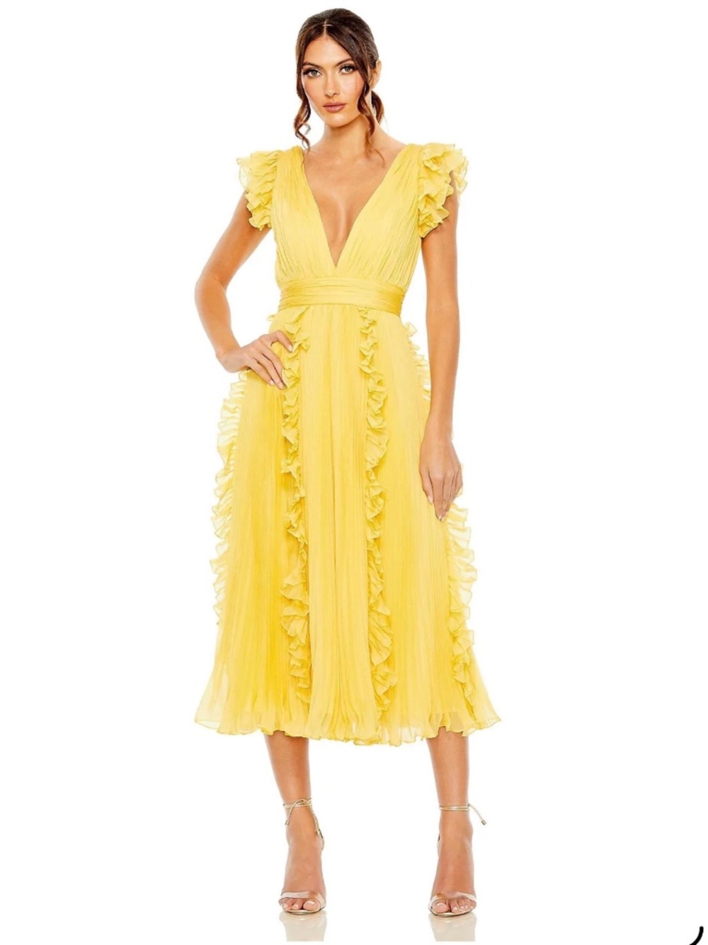 Mac Duggal Women's Pleated Chiffon V Neck Ruffle Midi Dress Size 6